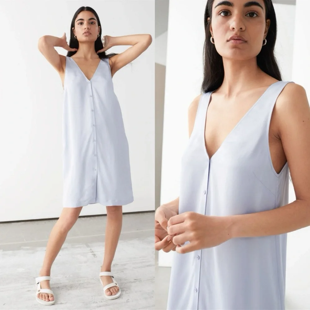 & Other Stories Eco Cupro Button Up Sleeveless Mini Shift Dress Blue EU 36 US 6 - Picture 1 of 11